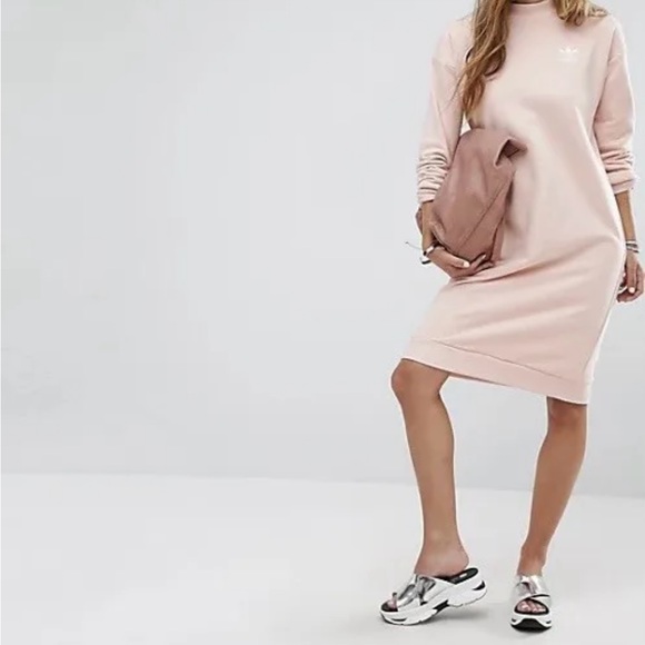 ADIDAS ORIGINAL WOMENS 3 STRIPES CREW DRESS- VAPOUR PINK Size XS - Picture 2 of 3